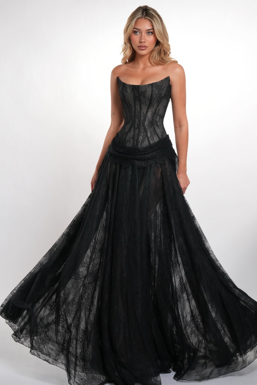 black lace up back prom dress Black Lace Applique High Slit Criss Cross Back Mermaid Prom Dress, Black / 4