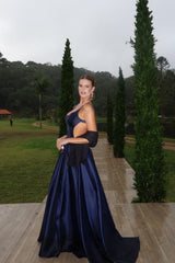 Romantic Dark Navy Straps Sleeveless Satin Prom Dresses A-Line With Pockets
