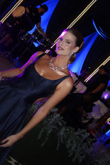 Romantic Dark Navy Straps Sleeveless Satin Prom Dresses A-Line With Pockets