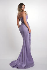 Graceful Lilac Sweetheart Spaghetti Straps Sleeveless Prom Dresses Mermaid High Split With Lace-Up Back