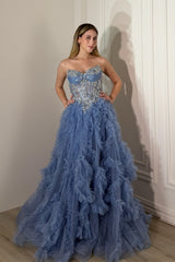 Elegant Blue Sweetheart Strapless Sleeveless Tulle Prom Dresses A-Line With Beads