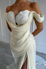 Graceful Off-The-Shoulder Sweetheart Mermaid Prom Dresses Side Split With Pleats