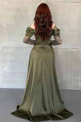Romantic Green Long Sleeves Satin Prom Dresses A-Line High Split With Pleats