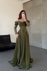 Romantic Green Long Sleeves Satin Prom Dresses A-Line High Split With Pleats