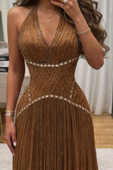 Dazzling Brown V-Neck Halter Sleeveless Prom Dresses Gem Sheath With Beads