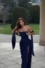 Glamorous Dark Navy Strapless Sleeveless Mermaid Prom Dresses High Split With Pleats