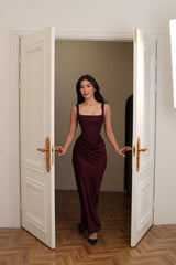 Graceful Straps Sleeveless Satin Mermaid Prom Dresses Column With Pleats