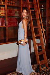 Charming Blue Halter Sleeveless Chiffon Prom Dresses Backless With Pleats