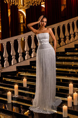 Charming White Strapless Sleeveless Prom Dresses Beads Pleats With Lace-Up Back