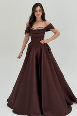 Graceful Chocolate Off The Shoulder Satin Prom Dresses A-Line Gem With Lace-Up Back