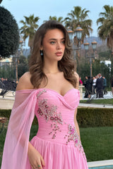 Timeless Pink One shoulder Sweetheart Chiffon Prom Dresses Gem With Lace-Up Back