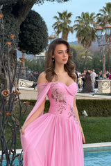 Timeless Pink One shoulder Sweetheart Chiffon Prom Dresses Gem With Lace-Up Back