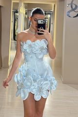 Charming Sky Blue Strapless Sleeveless Satin Homecoming Dresses Mini With Pearls