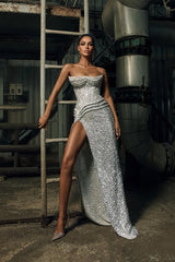 Dazzling Silver Sweetheart Strapless Sleeveless Mermaid Prom Dresses High Split With Lace-Up Back