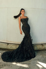 Graceful Black Spaghetti-Straps Sleeveless Mermaid Prom Dresses Beads With Lace-Up Back