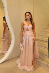 Charming Dusty Pink One shoulder Sleeveless Prom Dresses High Split With Pleats Feather