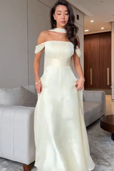 Graceful Off The Shoulder A-Line Prom Dresses Floor Length With Pleats