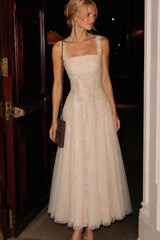 Elegant Straps Sleeveless Lace Tulle Prom Dresses A-Line With Pleats