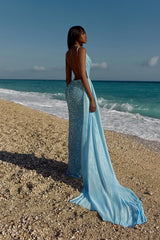 Graceful Blue V-Neck Spaghetti-Straps Sleeveless Prom Dresses Backless With High Split