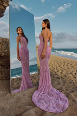 Elegant Lavender Halter V-Neck Sleeveless Lace Prom Dresses Mermaid With Pleats