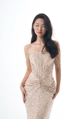 Glamorous Champagne Off The Shoulder Sequins Prom Dresses Mermaid Gem With Pleats