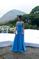Elegant Blue Strapless Sleeveless Chiffon Prom Dresses Floor Length With Pleats Zipper