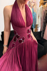 Elegant Halter V-Neck Sleeveless A-Line Prom Dresses Gem With Pleats