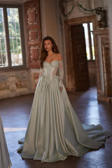 Elegant Sweetheart Long Sleeves Satin Prom Dresses A-Line With Lace-Up Back