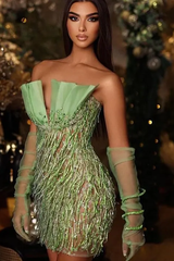 Timeless Green Strapless Sleeveless Homecoming Dresses Mini Beads With Gloves