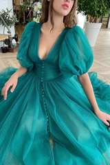 Romantic V-Neck Short Sleeves Tulle Prom Dresses Ankle Length With Pleats