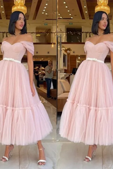 Pretty Pink Sweetheart Off The Shoulder Tulle Prom Dresses Ankle Length With Pleats