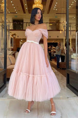 Pretty Pink Sweetheart Off The Shoulder Tulle Prom Dresses Ankle Length With Pleats