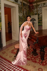 Timeless Pink Strapless Sleeveless Mermaid Satin Prom Dresses Sheath With Lace-up Back