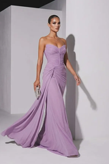 Glamorous Lavender Sweetheart Strapless Sleeveless Chiffon Prom Dresses Mermaid With Zipper