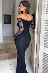 Elegant Black V-Neck Long Sleeves Mermaid Sheath Floor Length Prom Dresses