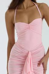 Chic Pink Halter Sweetheart Sleeveless Mermaid Prom Dresses Column With Pleats
