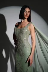 Glamorous Dusty Sage One Shoulder Sleeveless Mermaid Prom Dresses Sheath Sequins With Beads