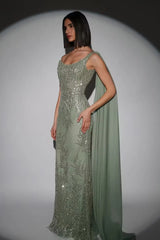 Glamorous Dusty Sage One Shoulder Sleeveless Mermaid Prom Dresses Sheath Sequins With Beads