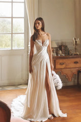 Elegant V-Neck Strapless Sleeveless Prom Dresses High Split With Zipper Pleats