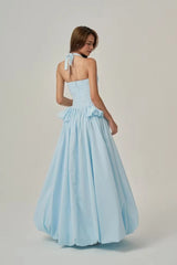 Pretty Sky Blue Halter Sleeveless Satin Prom Dresses A-Line With Zipper Pleats