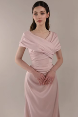 Romantic Dusty Rose Short Sleeves Satin Prom Dresses Floor Length With Lace-Up Back