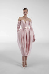 Charming Pink Sweetheart Long Sleeves Satin Prom Dresses Pleats With Zipper