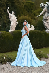 Glamorous Sky Blue Strapless Sleeveless Satin Prom Dresses A-Line With Pleats