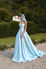 Glamorous Sky Blue Strapless Sleeveless Satin Prom Dresses A-Line With Pleats