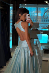 Chic Dusty Blue Sleeveless Satin Prom Dresses A-Line Backless With Pleats Zipper