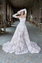 Glamorous Strapless Sleeveless Lace Mermaid Prom Dresses Column With Detachable Overskirt