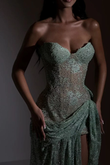 Dazzling Green Sweetheart Strapless Sleeveless Mermaid Prom Dresses High Split With Lace-Up Back