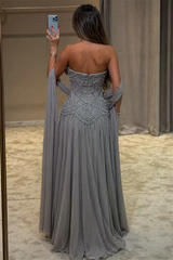 Pretty Strapless Sleeveless Chiffon Prom Dresses Gem With Zipper Pleats