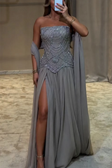 Pretty Strapless Sleeveless Chiffon Prom Dresses Gem With Zipper Pleats