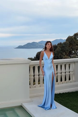 Chic Sky Blue V-Neck Spaghetti-Straps Satin Prom Dresses Mermaid Backless With High Split